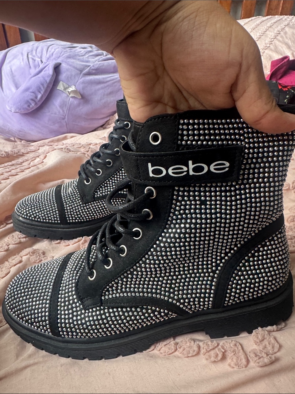 bebe Black Rhinestone Lace-Up Combat Boots